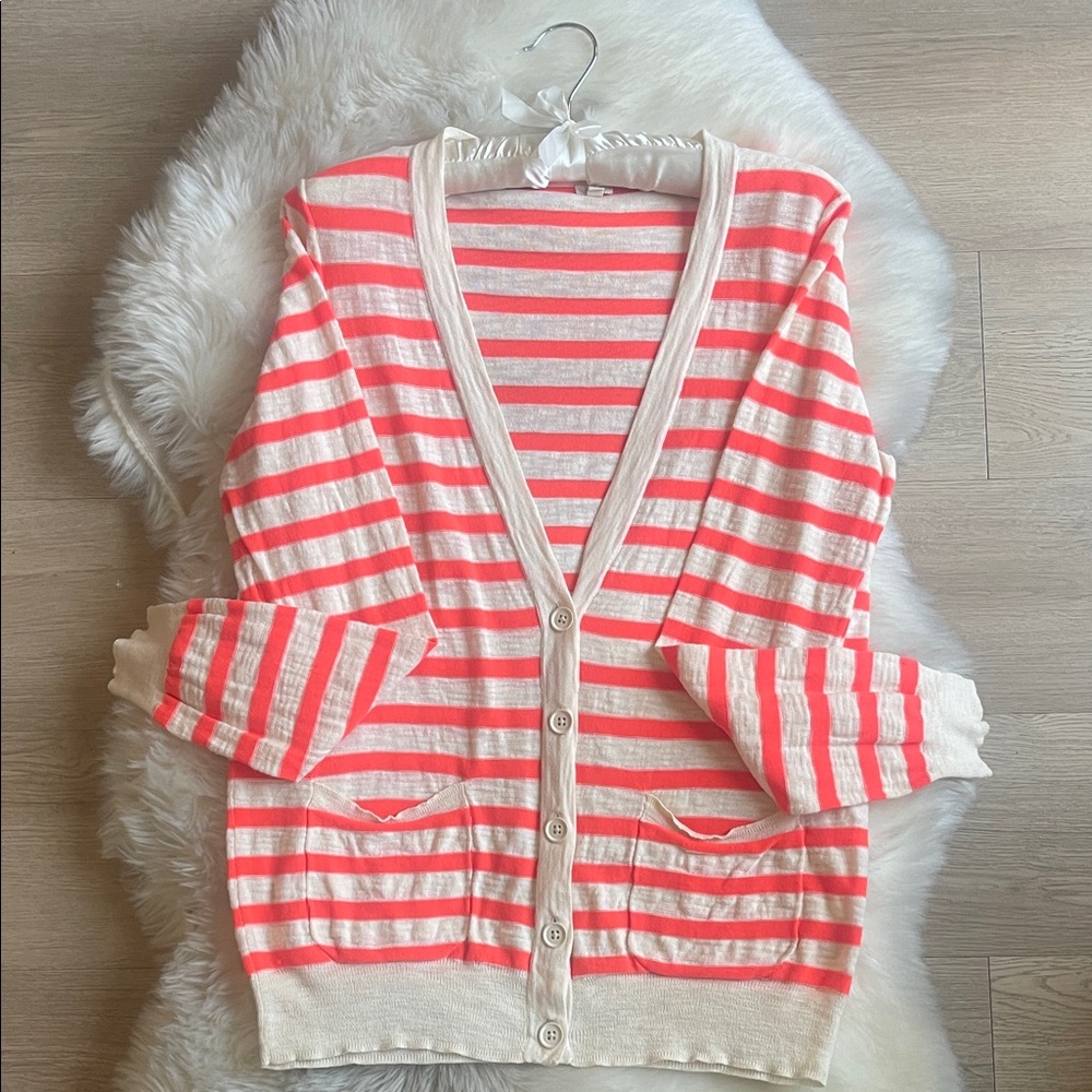 J. Crew Coral and Cream Striped Button-Front Cardigan